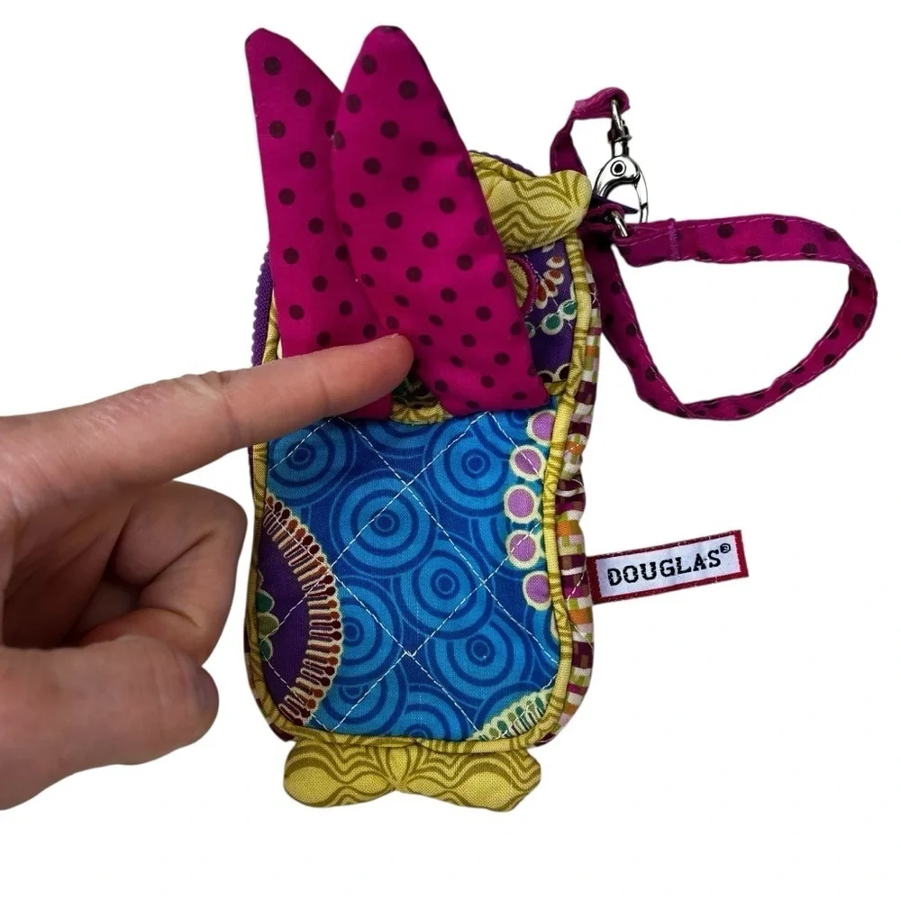 Douglas Sillo-ette Owl Fabric Zipper Wristlet Case 6”x4” Fabric Yellow Strap